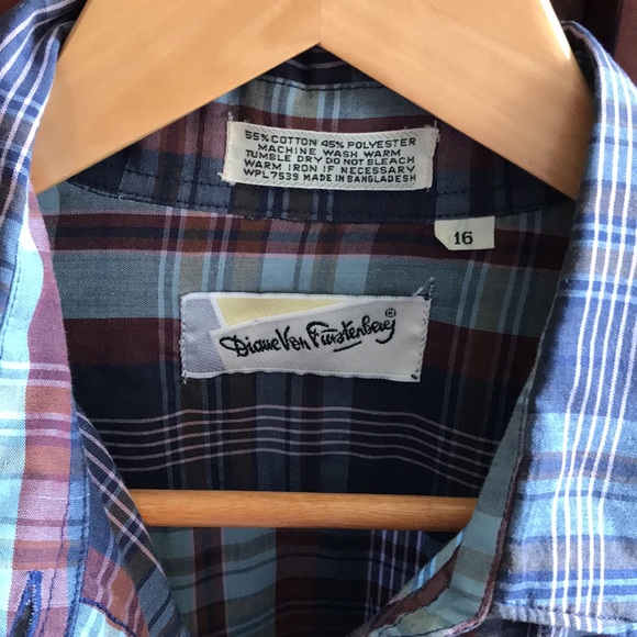 Diane Von Furstenberg Blue Button Down Plaid Shirt, Size 16 - Picture 3 of 7